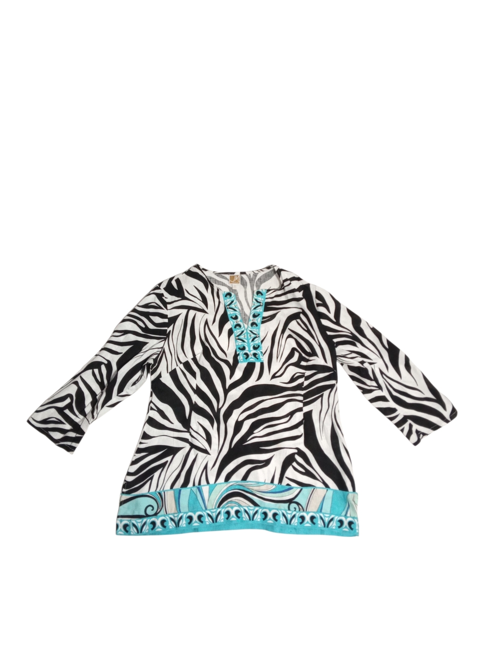 JM Collection Black-and-White Zebra Tunic with Turquoise Trim - Picture 7 of 8
